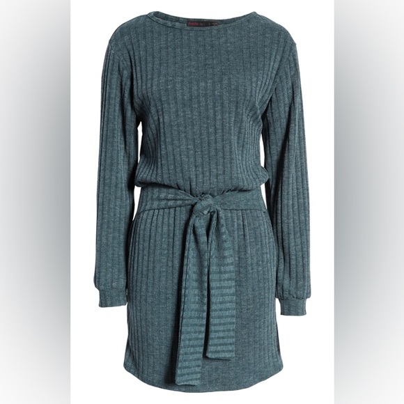 Fraiche By J Tie Front Long Sleeve Dress In Heather Green size S - Picture 3 of 8